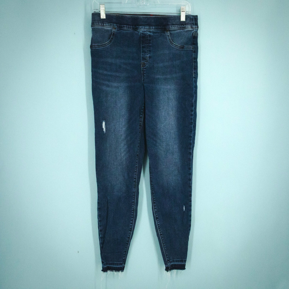 Spanx Size XL Dark Wash Distressed Pull On Raw Hem Skinny Cotton Stretch Jeans